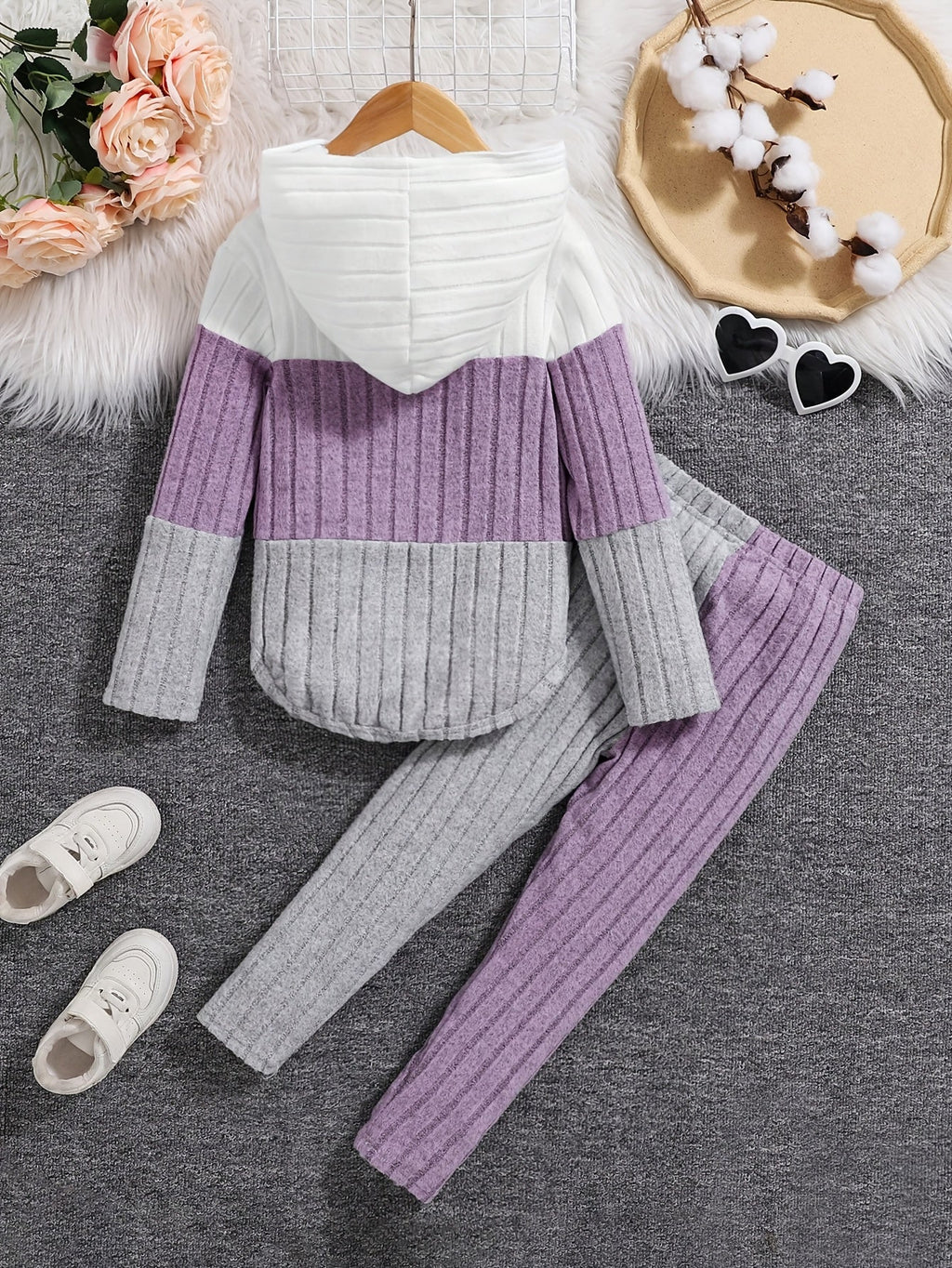 Kids' Ribbed Color Block Hoodie and Pants Set with Long Sleeves for Casual Fall and Winter Outfits
