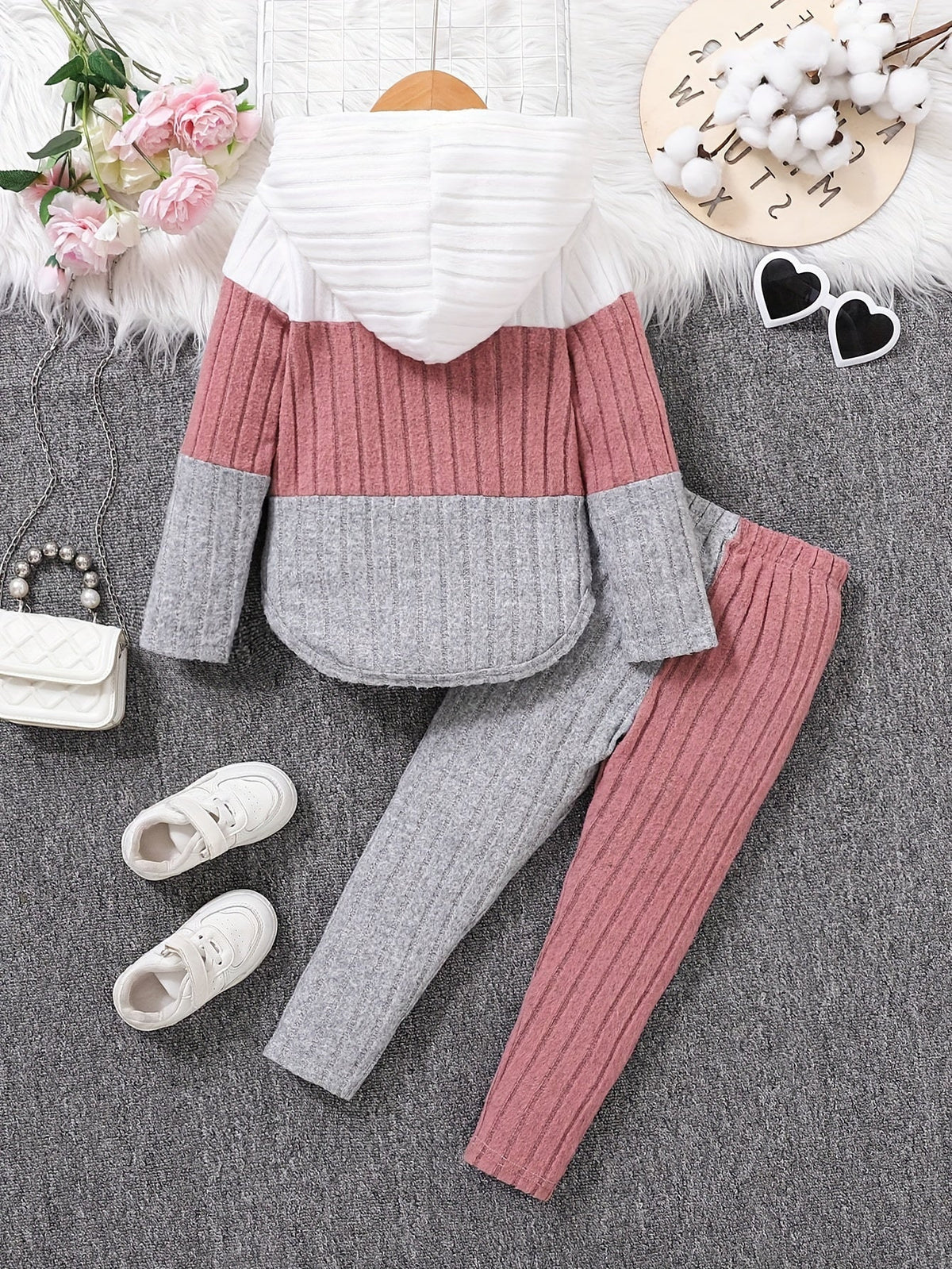 Kids' Ribbed Color Block Hoodie and Pants Set with Long Sleeves for Casual Fall and Winter Outfits