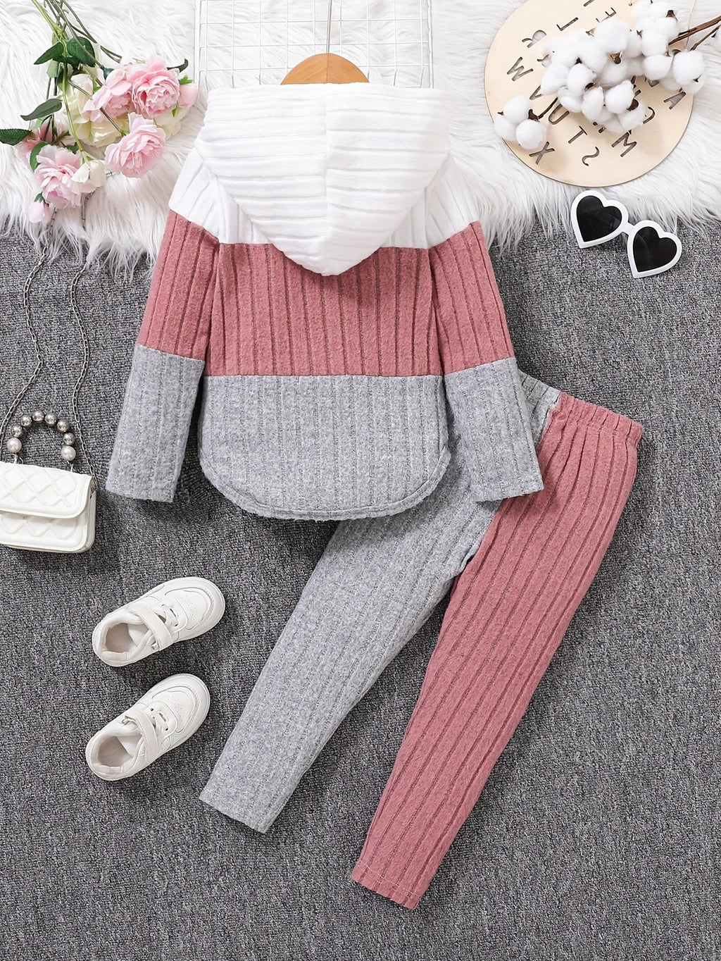 Kids' Ribbed Color Block Hoodie and Pants Set with Long Sleeves for Casual Fall and Winter Outfits