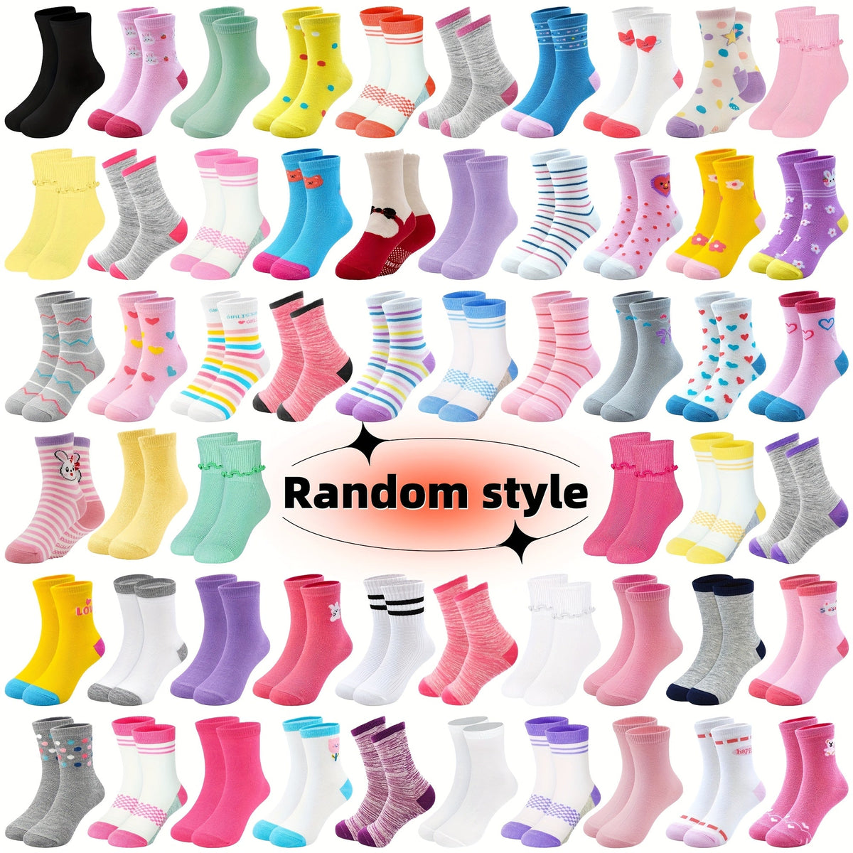Girls' Crew Socks Twenty Four Pair Pack in Random Solid and Cartoon Styles for Everyday Shoe Outfits