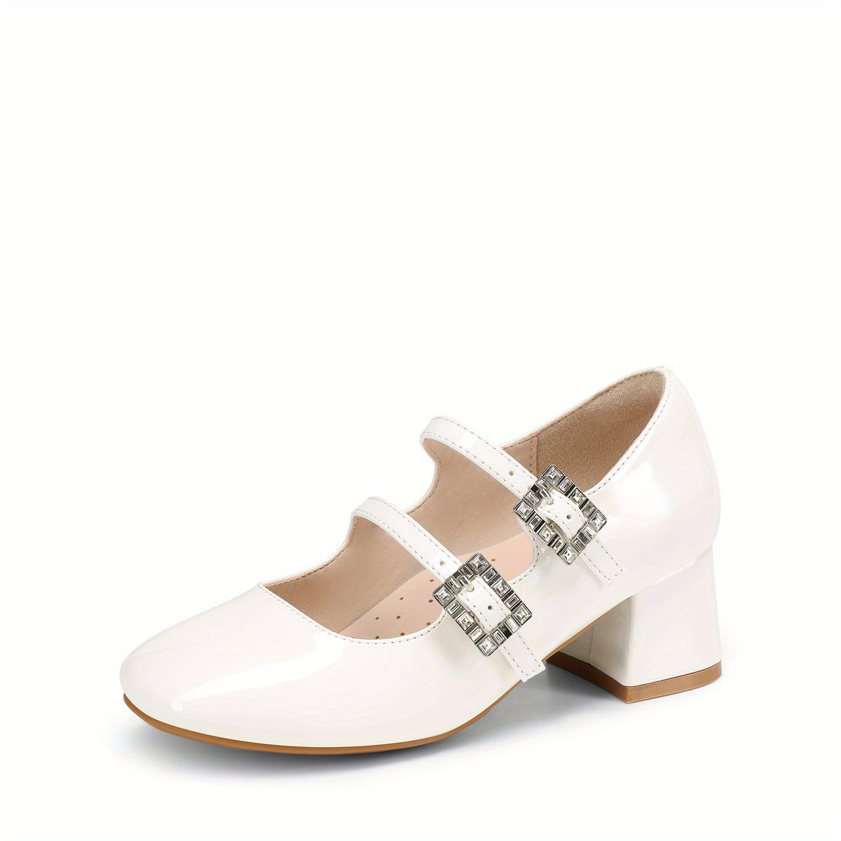 Girls' Double Strap Mary Jane Dress Shoes with Sparkling Buckles and Low Block Heels for Parties