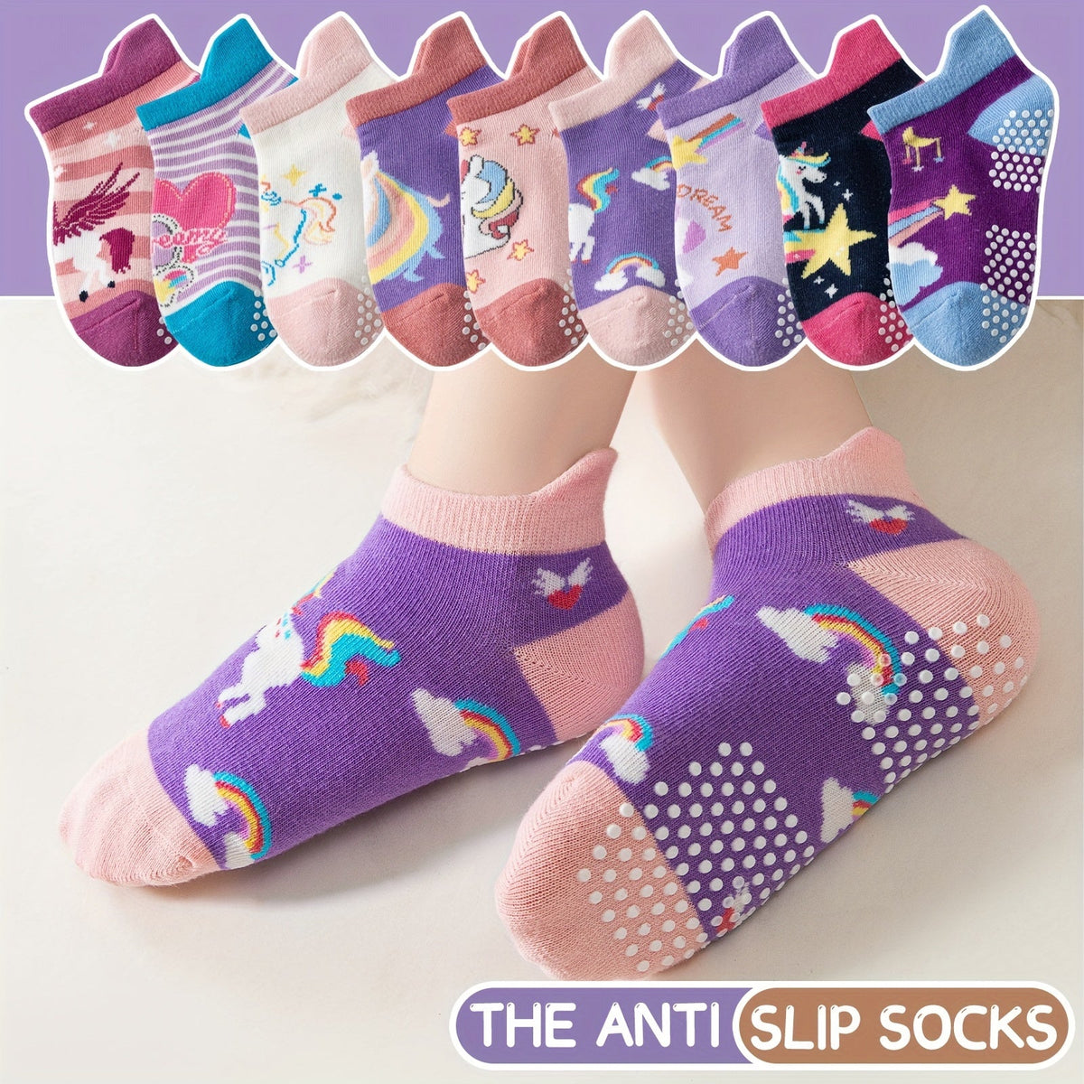 Girls' Unicorn Ankle Socks in 9 or 18-Pair Packs with Dotted Grip Soles for Colorful Everyday Outfits