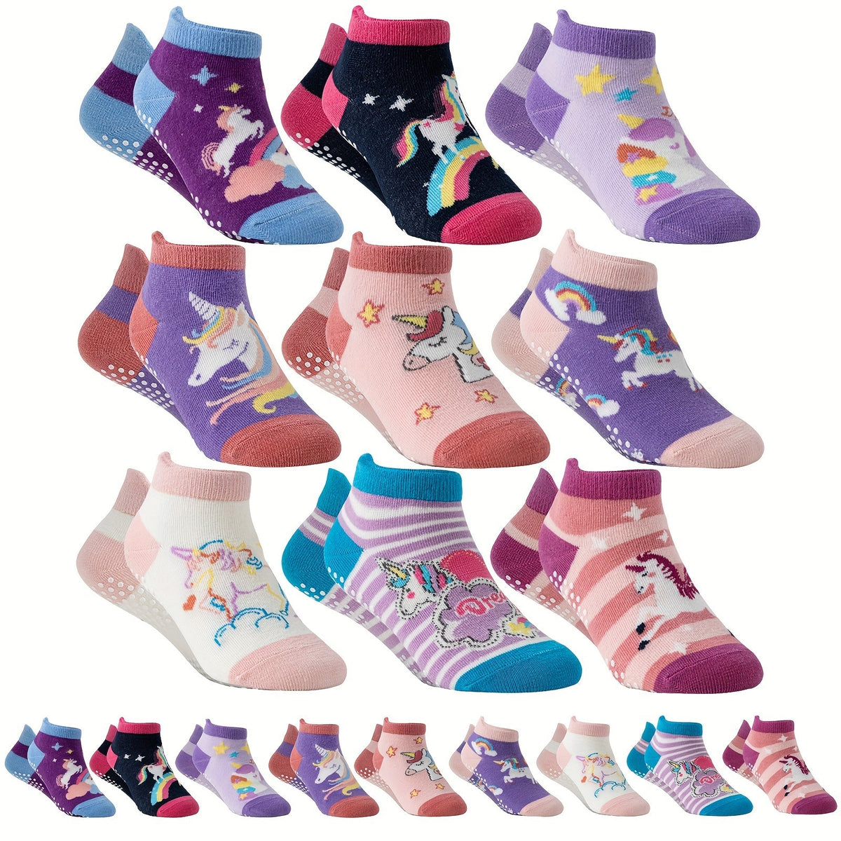 Girls' Unicorn Ankle Socks in 9 or 18-Pair Packs with Dotted Grip Soles for Colorful Everyday Outfits