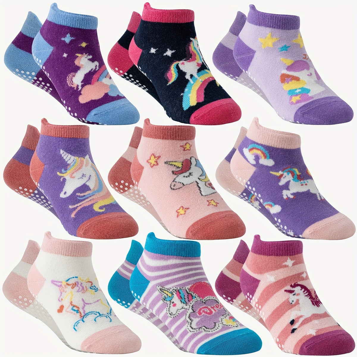 Girls' Unicorn Ankle Socks in 9 or 18-Pair Packs with Dotted Grip Soles for Colorful Everyday Outfits