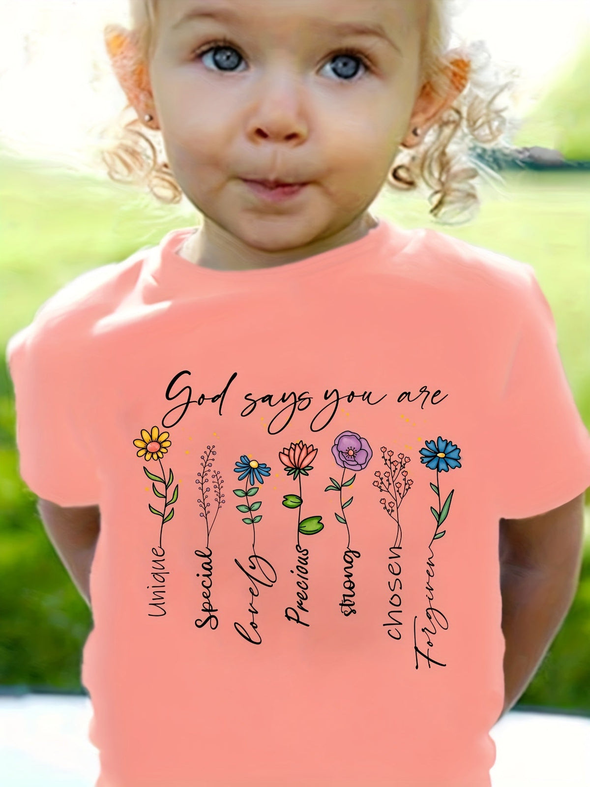Kids' God Says You Are Floral T-Shirt with Colorful Flower Illustrations and Short Sleeves for Daily Wear