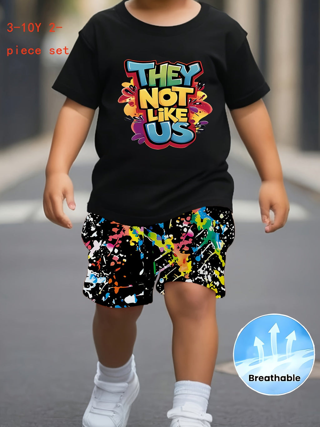 Kids' Graphic T-Shirt and Splatter Print Shorts Set with Colorful They Not Like Us Lettering for Summer