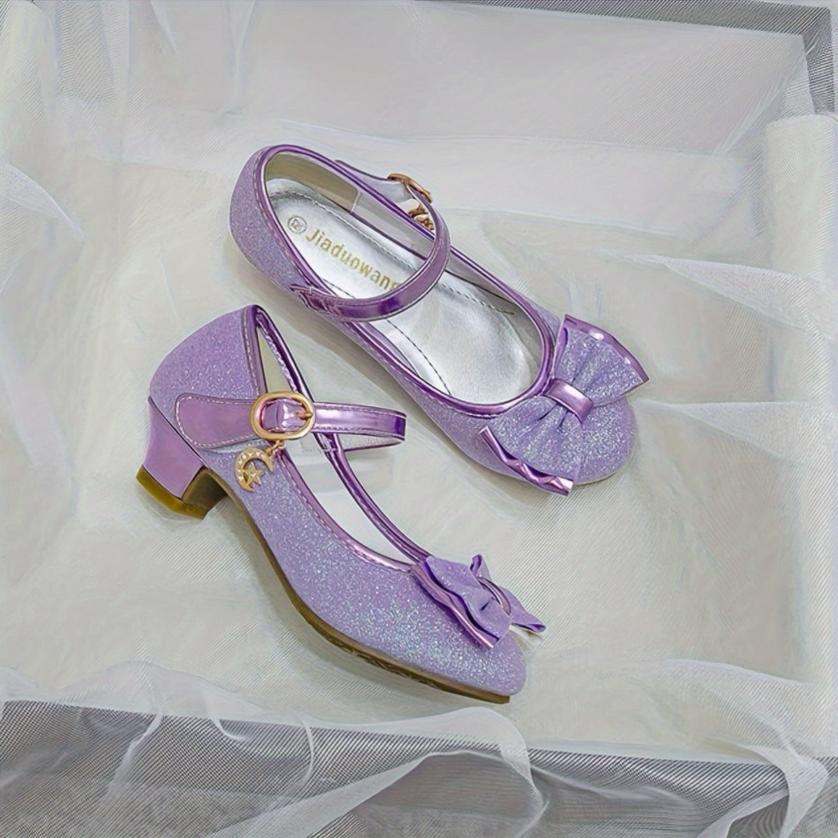 Glitter Mary Jane Shoes for Girls with Bow Fronts and Low Block Heels in Blue or Purple for Dressy Outfits