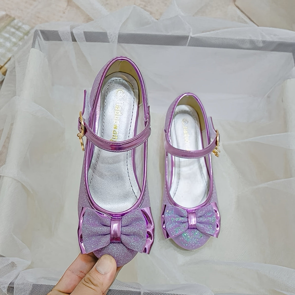 Glitter Mary Jane Shoes for Girls with Bow Fronts and Low Block Heels in Blue or Purple for Dressy Outfits