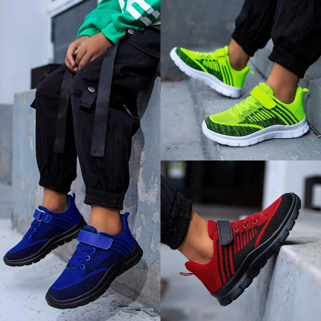 Kids' Mesh Sneakers with Instep Straps and Striped Knit Panels in Green, Blue or Red for Everyday Play