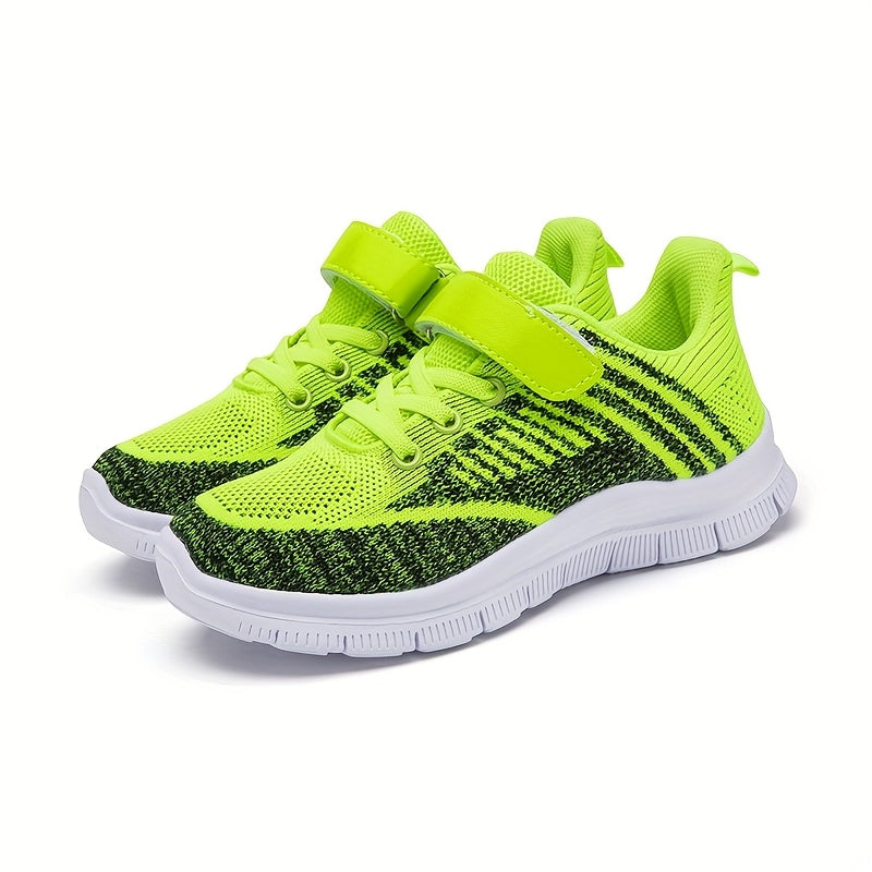 Kids' Mesh Sneakers with Instep Straps and Striped Knit Panels in Green, Blue or Red for Everyday Play