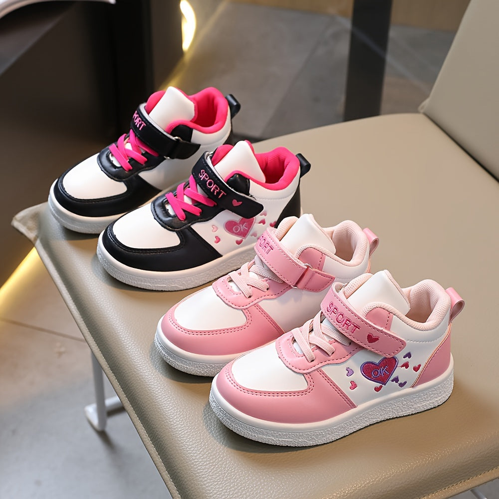 Kids' Strap Fastening Sneakers in T-525 Solid and T-529 Heart Print Styles with Contrasting Soles