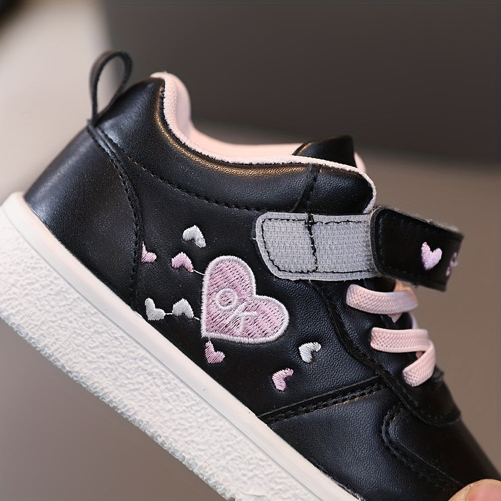 Kids' Strap Fastening Sneakers in T-525 Solid and T-529 Heart Print Styles with Contrasting Soles