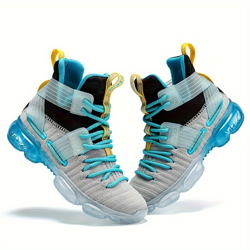 Kids' Blue High Top Sneakers with Crossed Ankle Straps and Translucent Sole Sections for Casual Wear