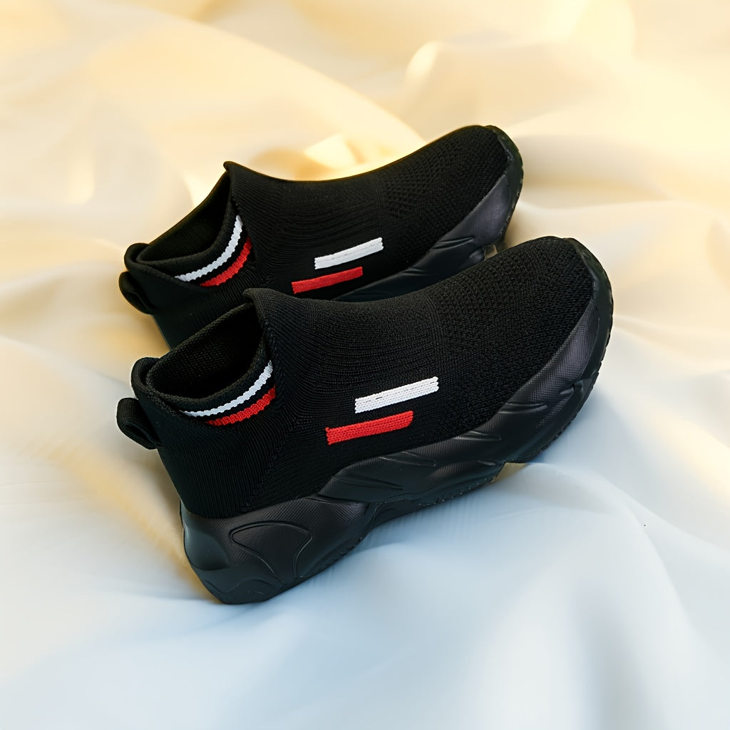 Kids' Slip-On Sneakers in Black Knit with Sock Cuffs and Striped Pull Tabs for Everyday Casual Outfits