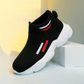 Kids' Slip-On Sneakers in Black Knit with Sock Cuffs and Striped Pull Tabs for Everyday Casual Outfits