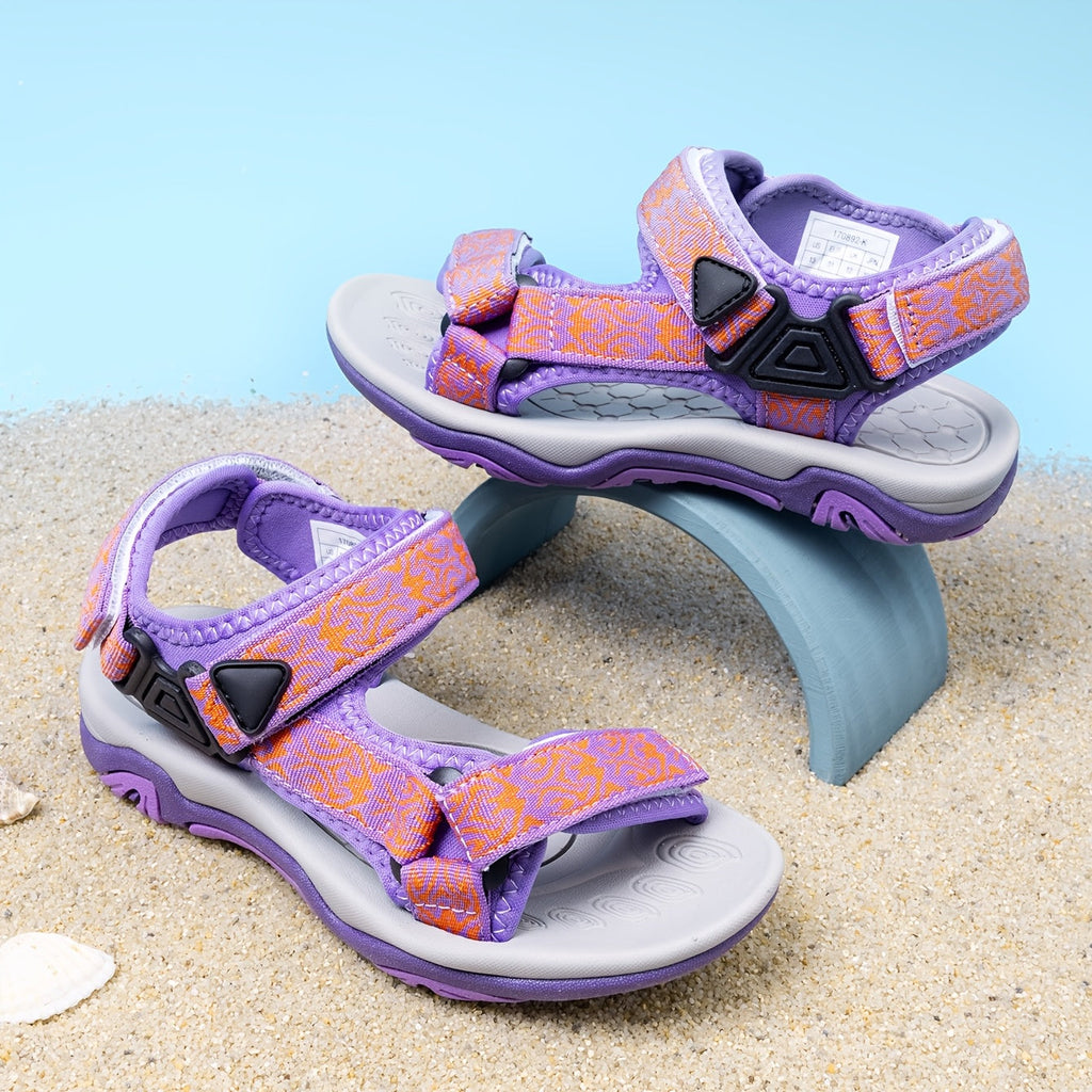 Kids' Sport Sandals with Patterned Adjustable Straps and Open Toes in Purple or Mint-Toned Summer Designs