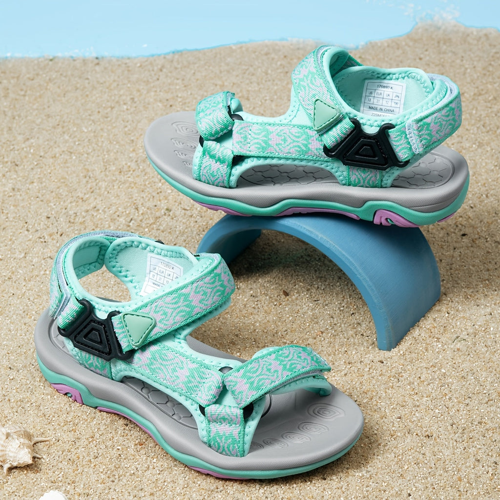 Kids' Sport Sandals with Patterned Adjustable Straps and Open Toes in Purple or Mint-Toned Summer Designs