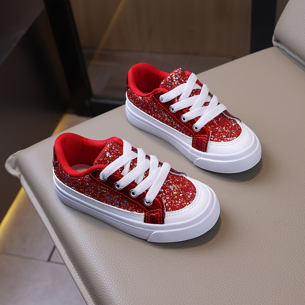 Kids' Red Glitter Sneakers with White Laces and Chunky White Sole Edges for School and Festive Casual Outfits
