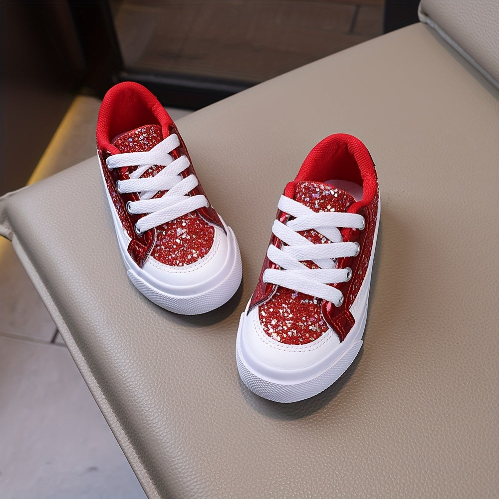 Kids' Red Glitter Sneakers with White Laces and Chunky White Sole Edges for School and Festive Casual Outfits