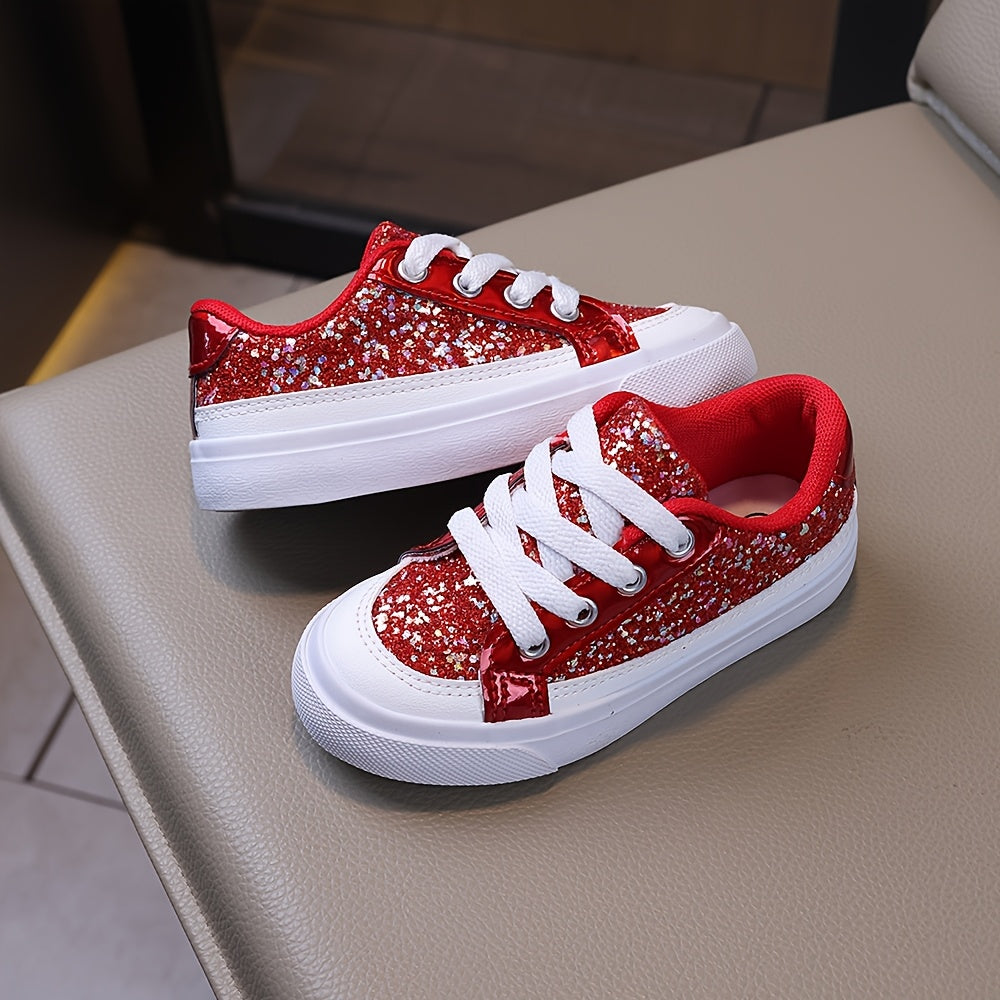 Kids' Red Glitter Sneakers with White Laces and Chunky White Sole Edges for School and Festive Casual Outfits