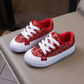 Kids' Red Glitter Sneakers with White Laces and Chunky White Sole Edges for School and Festive Casual Outfits