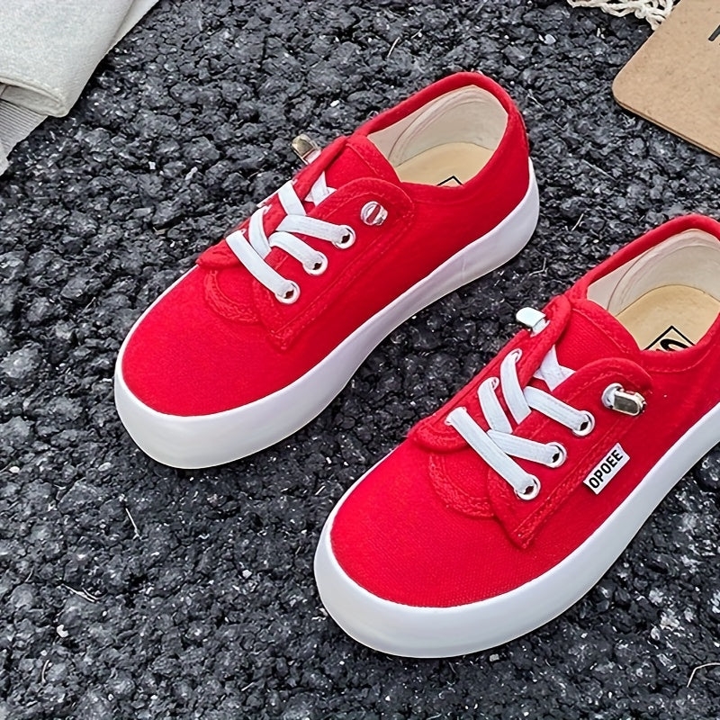 Kids' Low Top Canvas Sneakers with White Laces and Contrast Soles in Black or Red for Casual Outfits