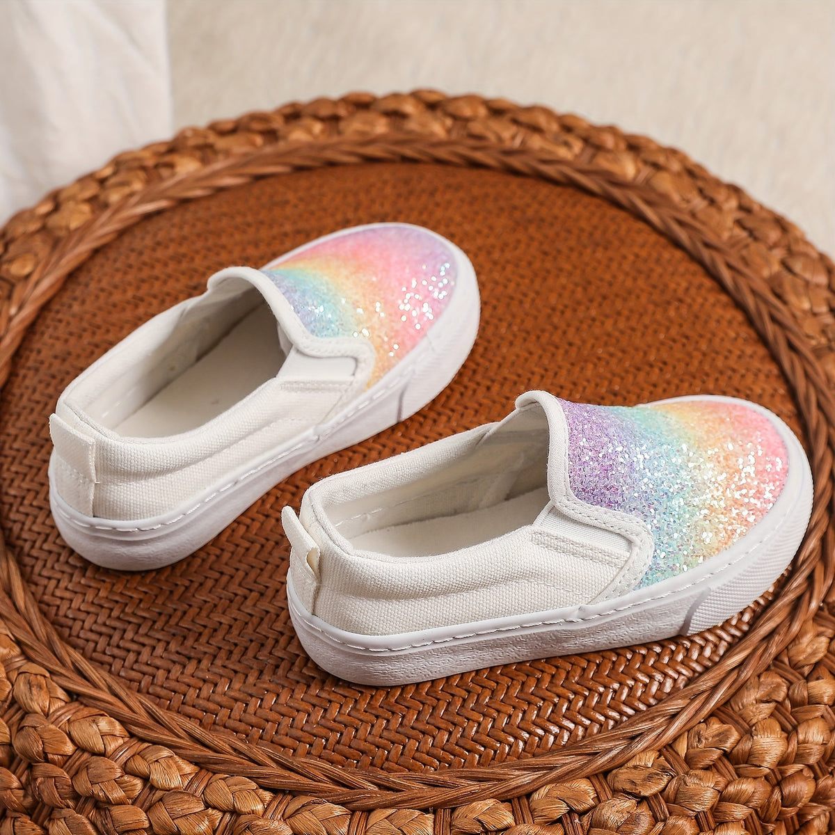 Kids' Rainbow Gradient Slip-On Sneakers with Glitter Front Panels and White Soles for Colorful Outfits