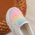 Kids' Rainbow Gradient Slip-On Sneakers with Glitter Front Panels and White Soles for Colorful Outfits