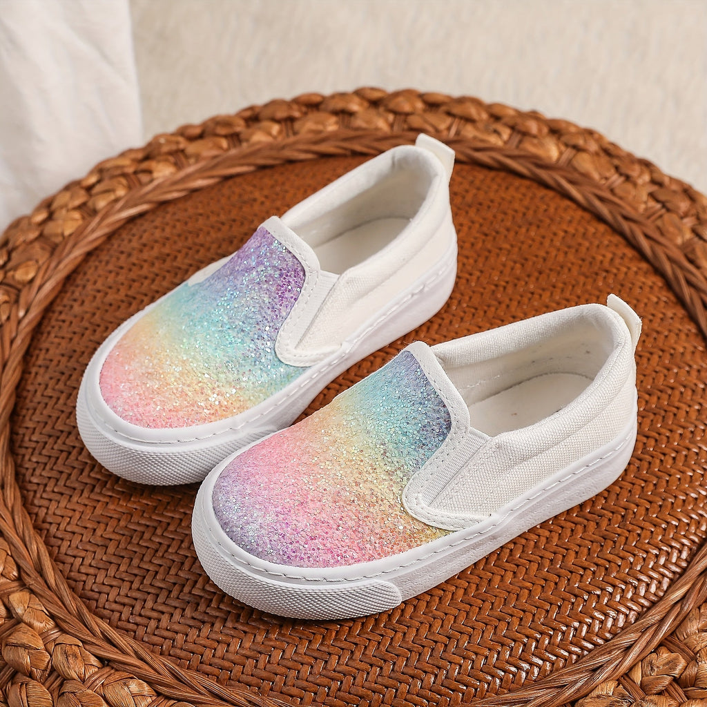 Kids' Rainbow Gradient Slip-On Sneakers with Glitter Front Panels and White Soles for Colorful Outfits