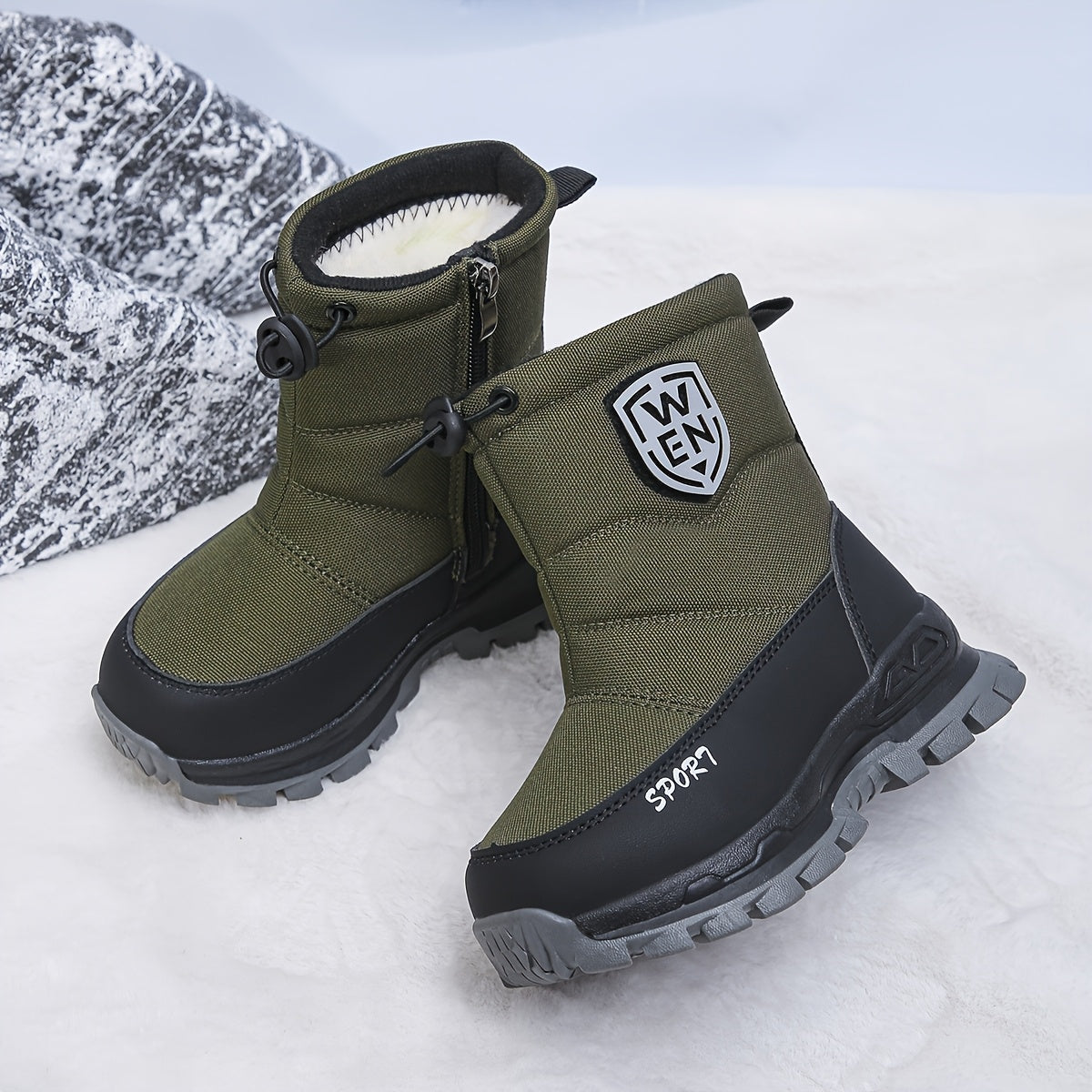 Kids' Fleece-Lined Winter Boots with Front Zippers and Drawstring Cuffs in Black or Green for Cold Days