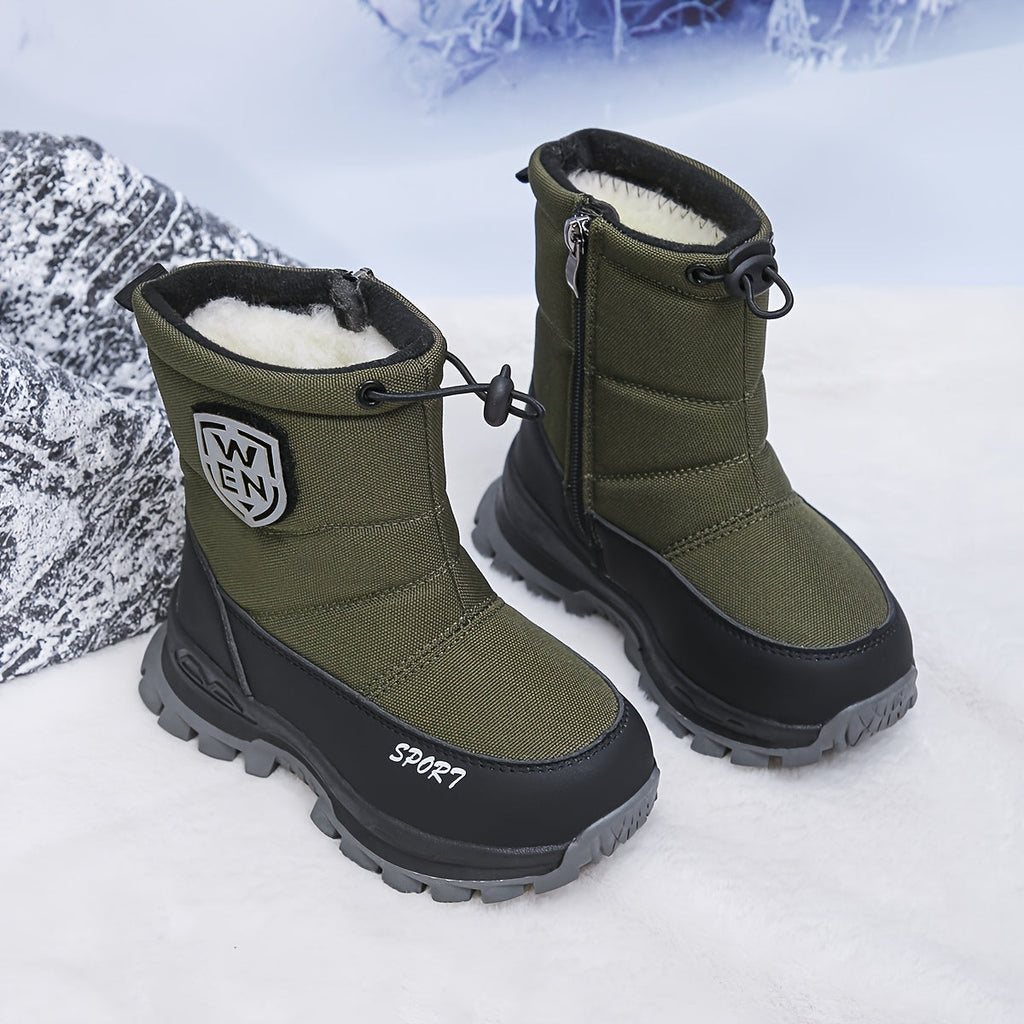Kids' Fleece-Lined Winter Boots with Front Zippers and Drawstring Cuffs in Black or Green for Cold Days