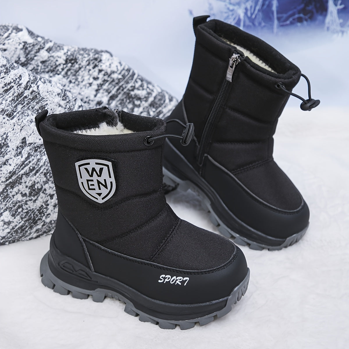 Kids' Fleece-Lined Winter Boots with Front Zippers and Drawstring Cuffs in Black or Green for Cold Days