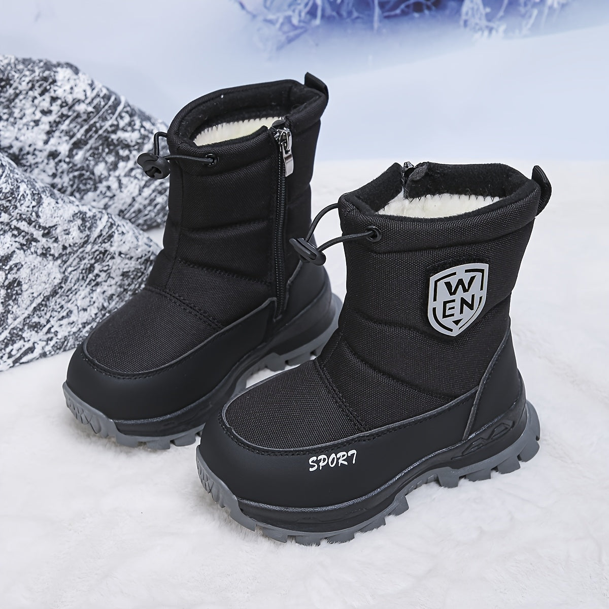 Kids' Fleece-Lined Winter Boots with Front Zippers and Drawstring Cuffs in Black or Green for Cold Days
