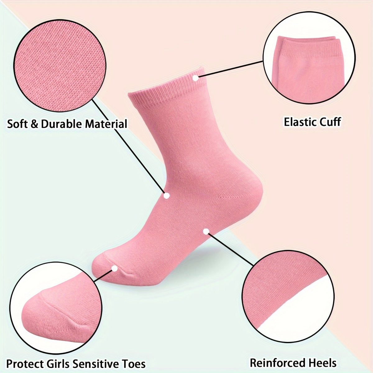 Girls' Pastel Crew Socks Twenty Four Pair Pack with Solid Colors and Ribbed Cuffs for Everyday Shoe Pairing