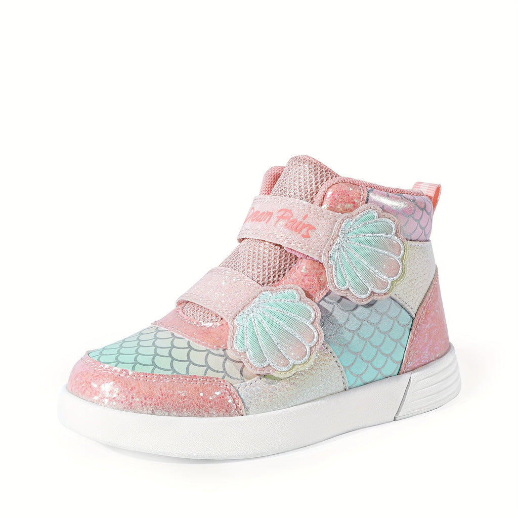 Girls' Mermaid High Top Sneakers with Glitter Panels and Shell Strap Details for Playful Outfits