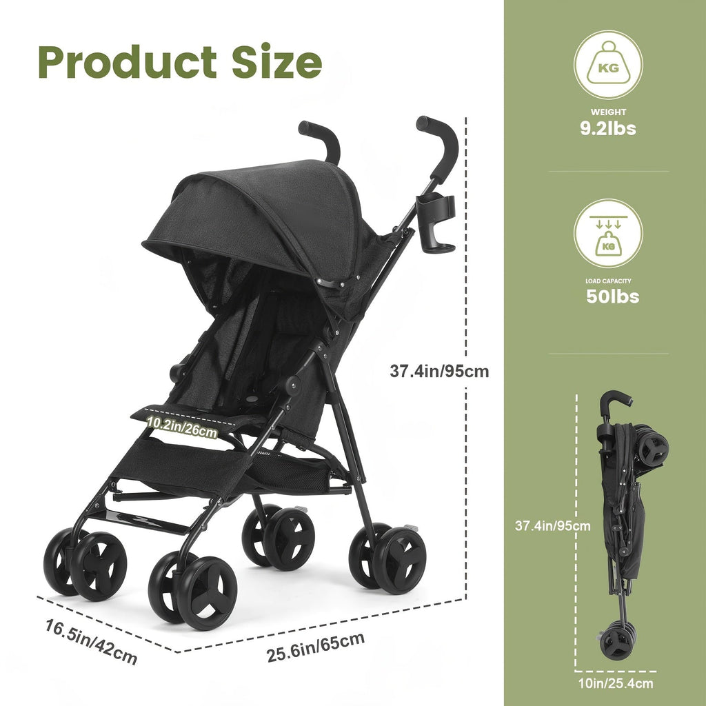 Lightweight Umbrella Stroller with a Compact Folding Frame and Sun Canopy in Dark Green, Pink or Gray