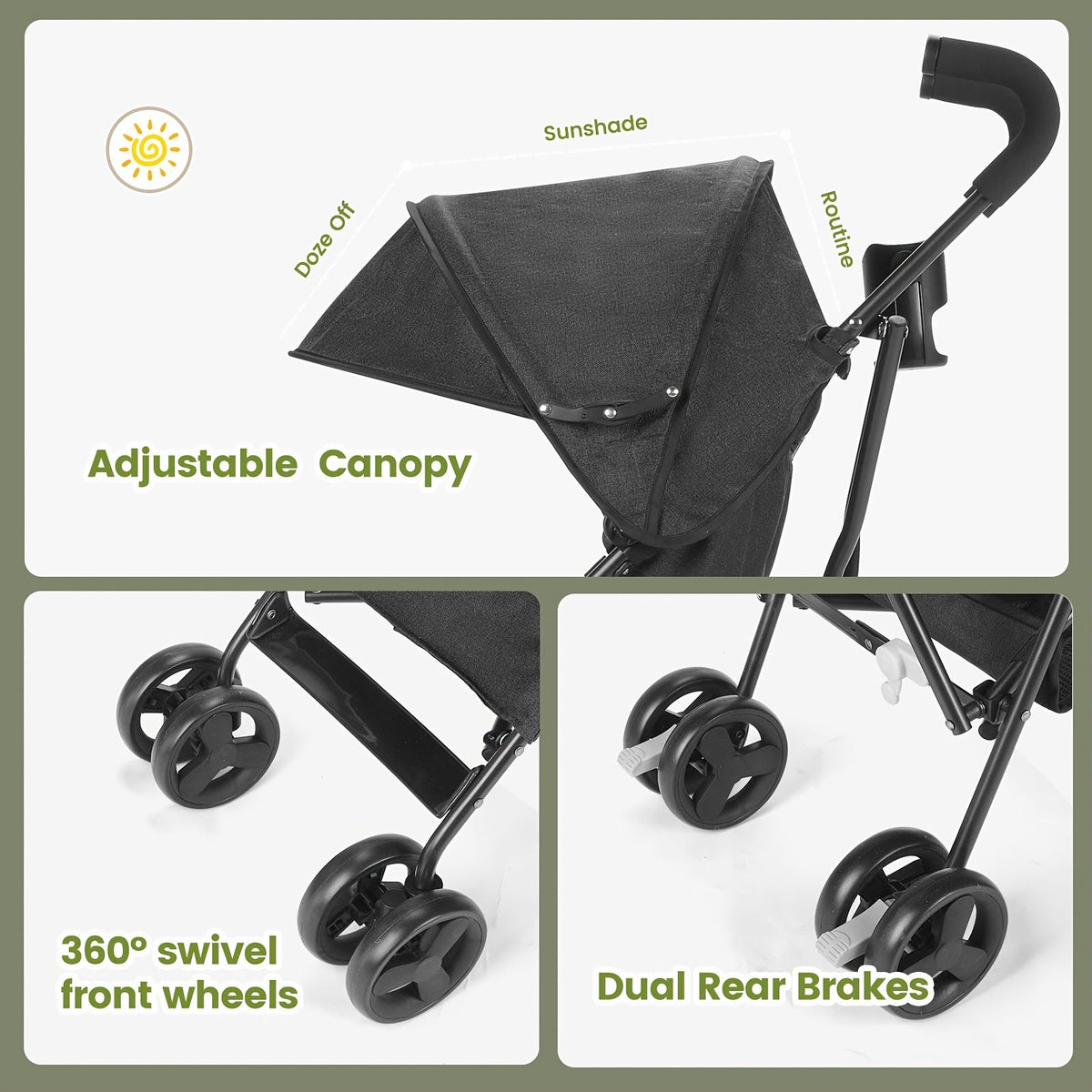 Lightweight Umbrella Stroller with a Compact Folding Frame and Sun Canopy in Dark Green, Pink or Gray