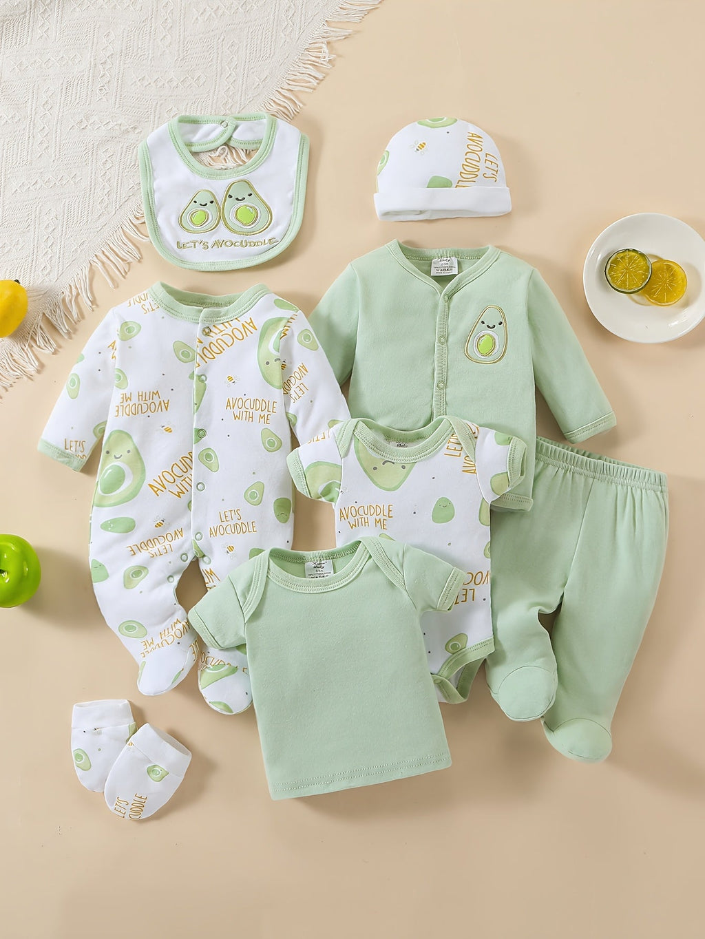 Baby Outfit Set in Green and White with Avocado Prints and Eight Coordinated Pieces for Daily Changes