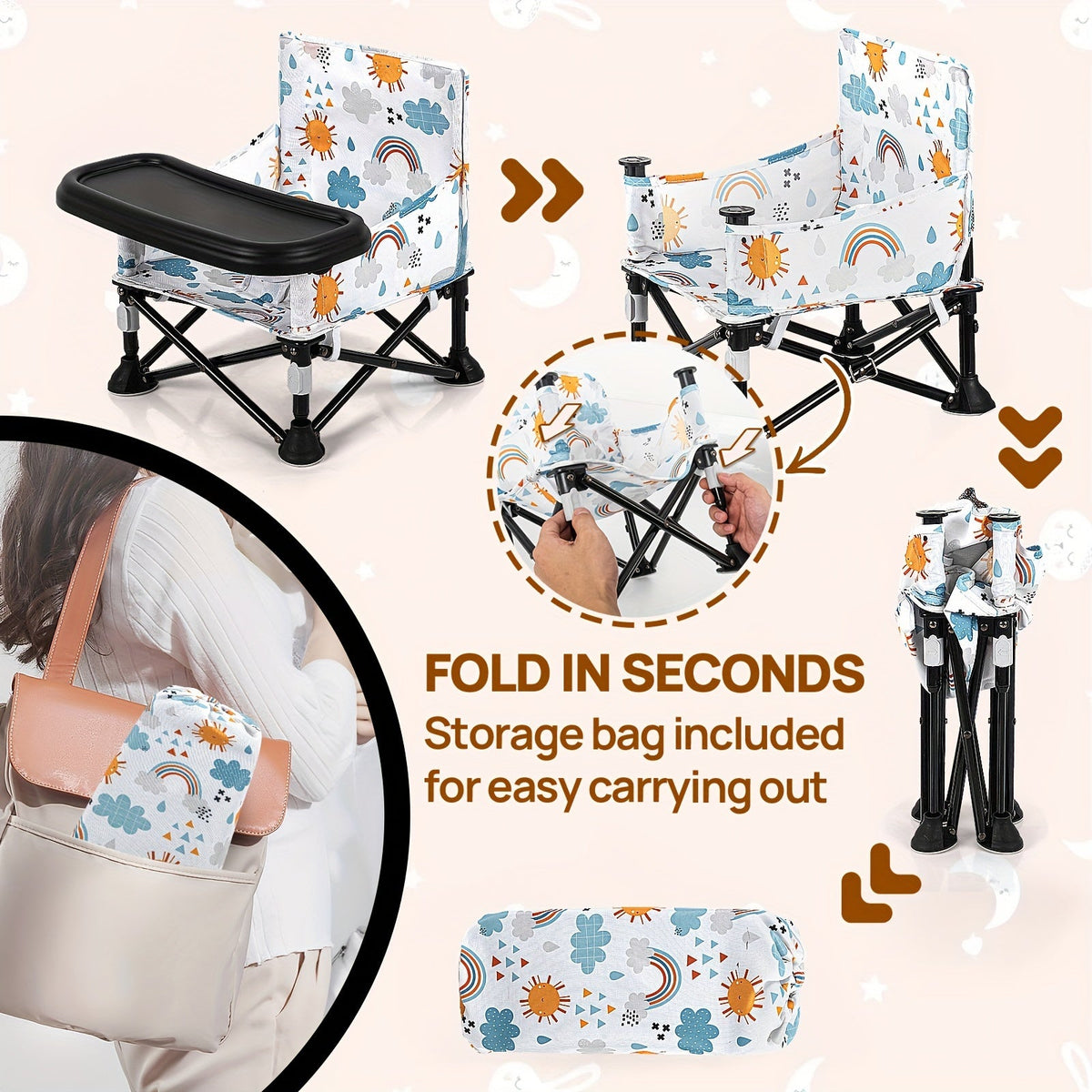 Printed Baby Booster Seat in Sunny, Cloud or Floral Designs Featuring a Folding Frame and Black Tray