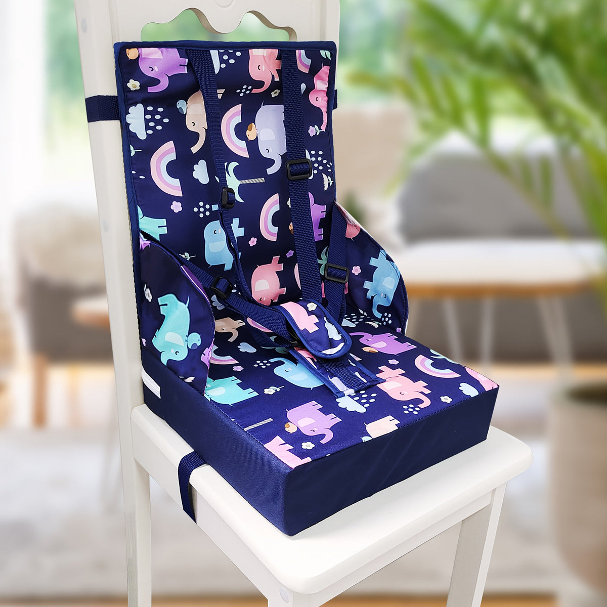 Dining Booster Seat Cushion with an Attached Back Pad and Adjustable Straps in Playful Printed Designs