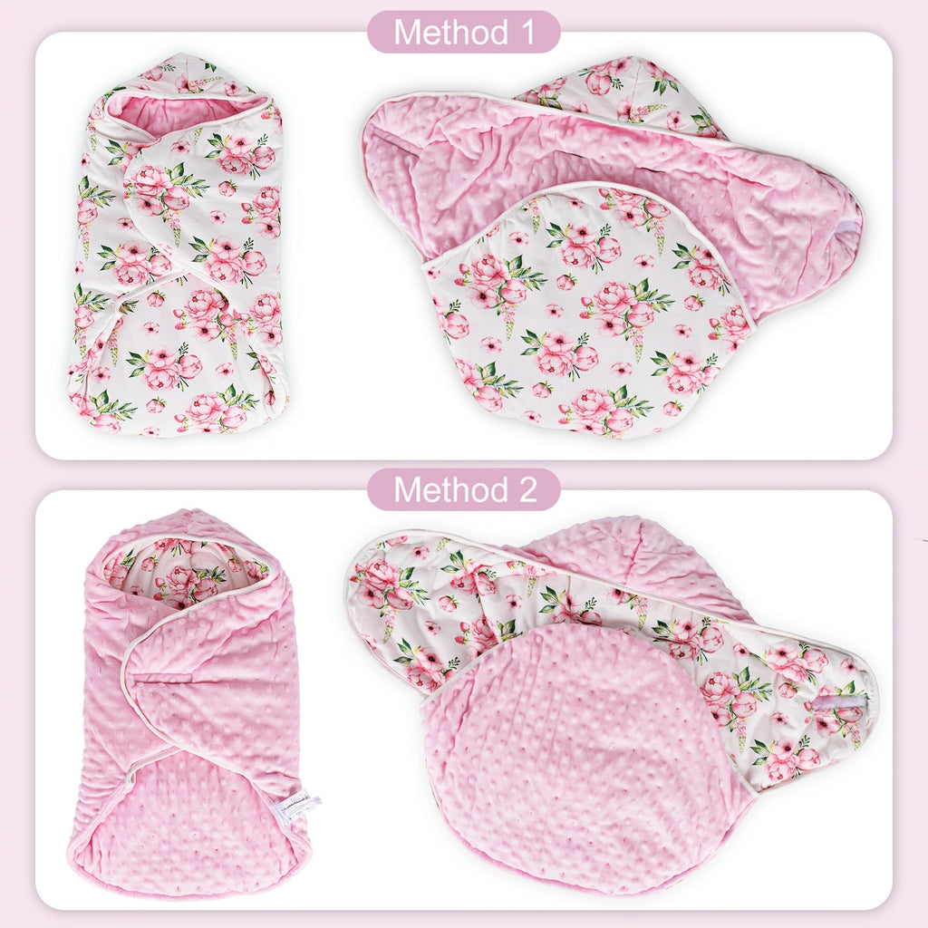 Hooded Stroller Wrap Blanket with Foldover Wings and Harness Openings in Rainbow or Geometric Leaf Print