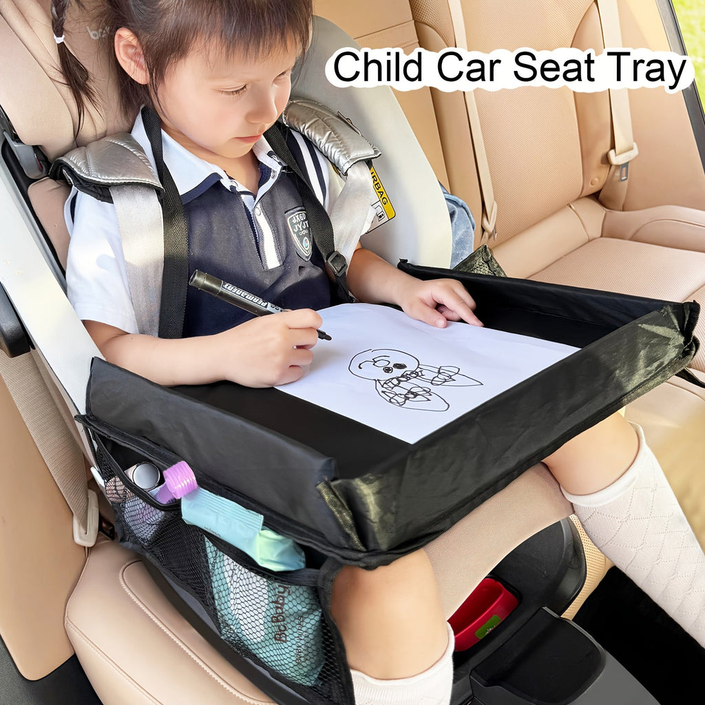 Kids Travel Tray with Raised Edges and Mesh Storage Pockets for Drawing and Small Activities on Car Trips