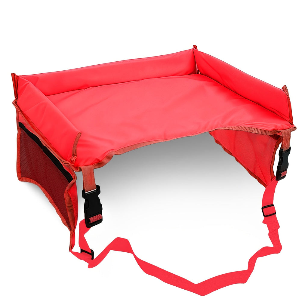 Kids Travel Tray with Raised Edges and Mesh Storage Pockets for Drawing and Small Activities on Car Trips