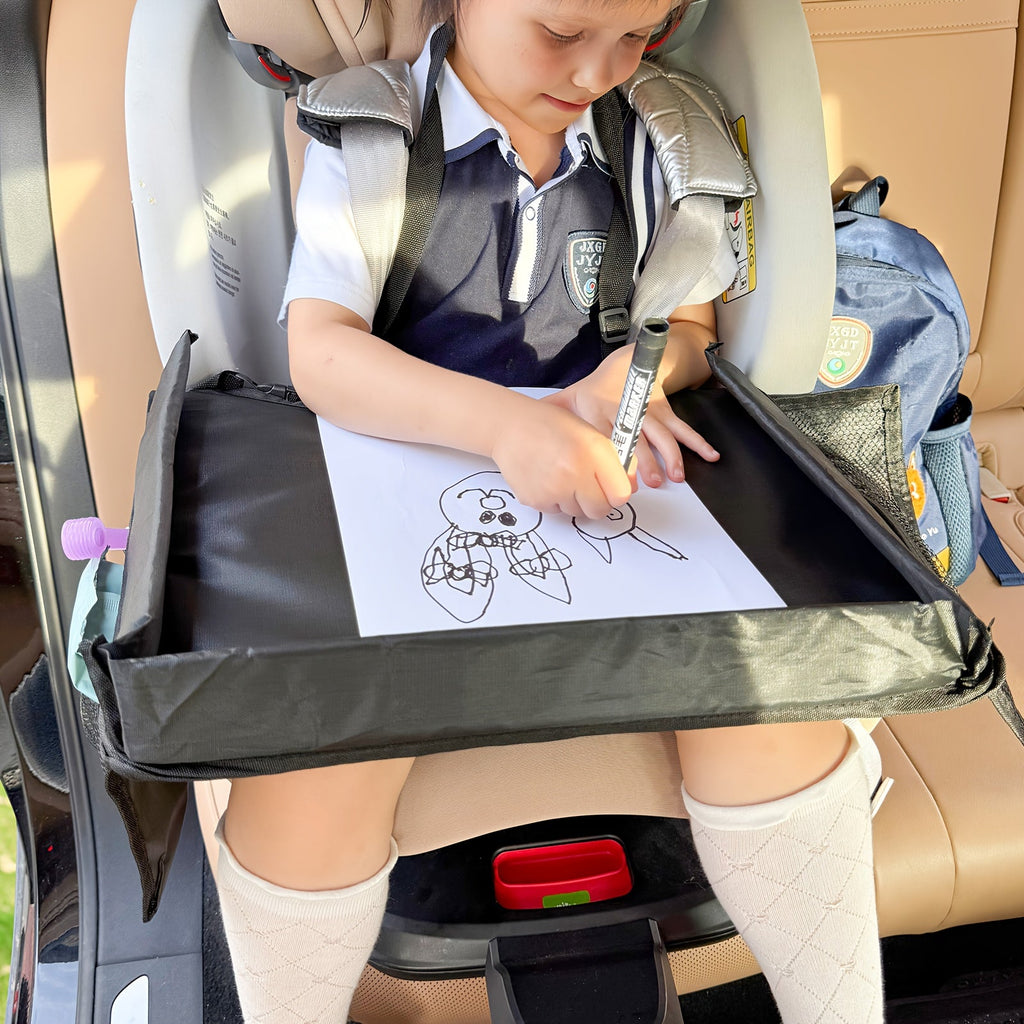 Kids Travel Tray with Raised Edges and Mesh Storage Pockets for Drawing and Small Activities on Car Trips
