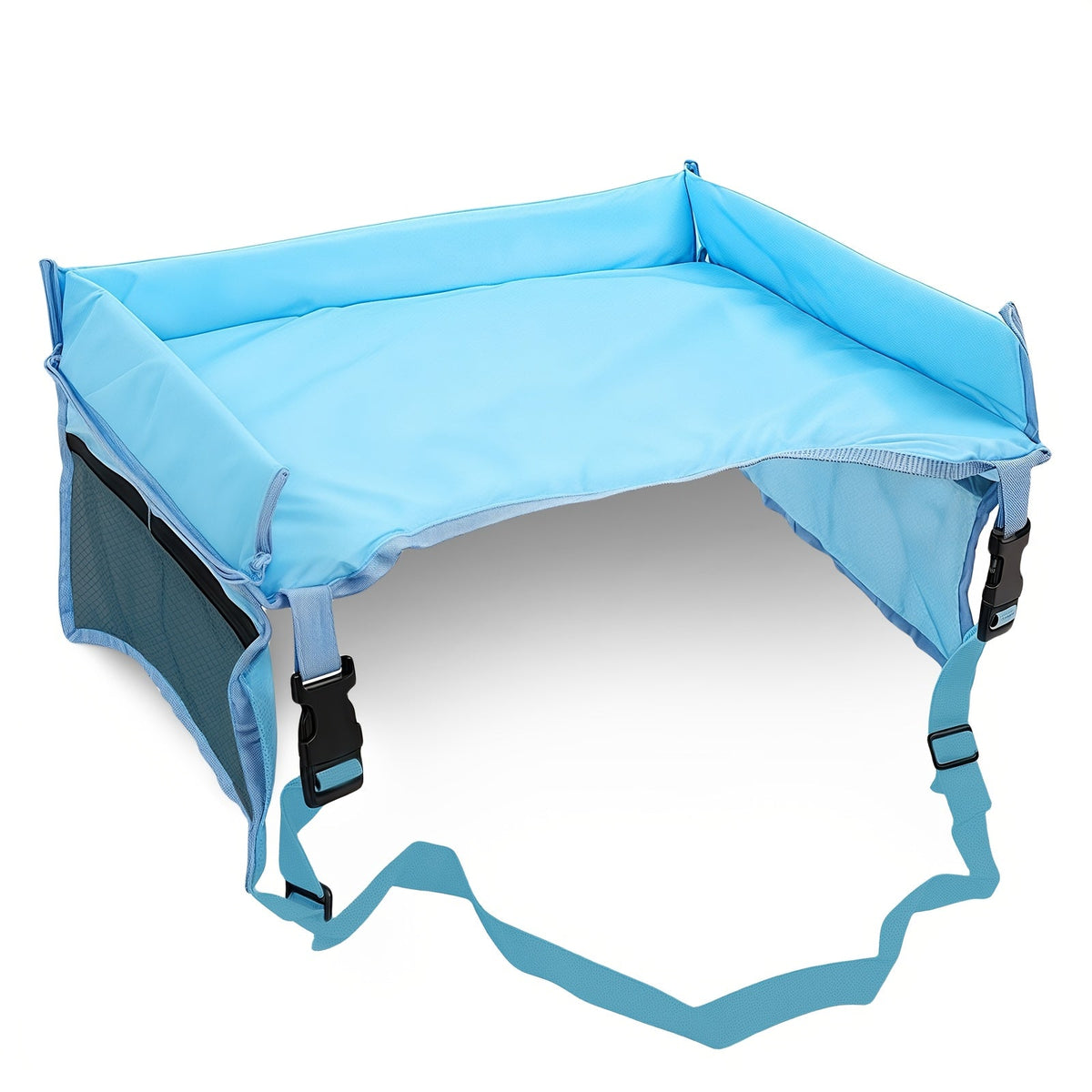 Kids Travel Tray with Raised Edges and Mesh Storage Pockets for Drawing and Small Activities on Car Trips