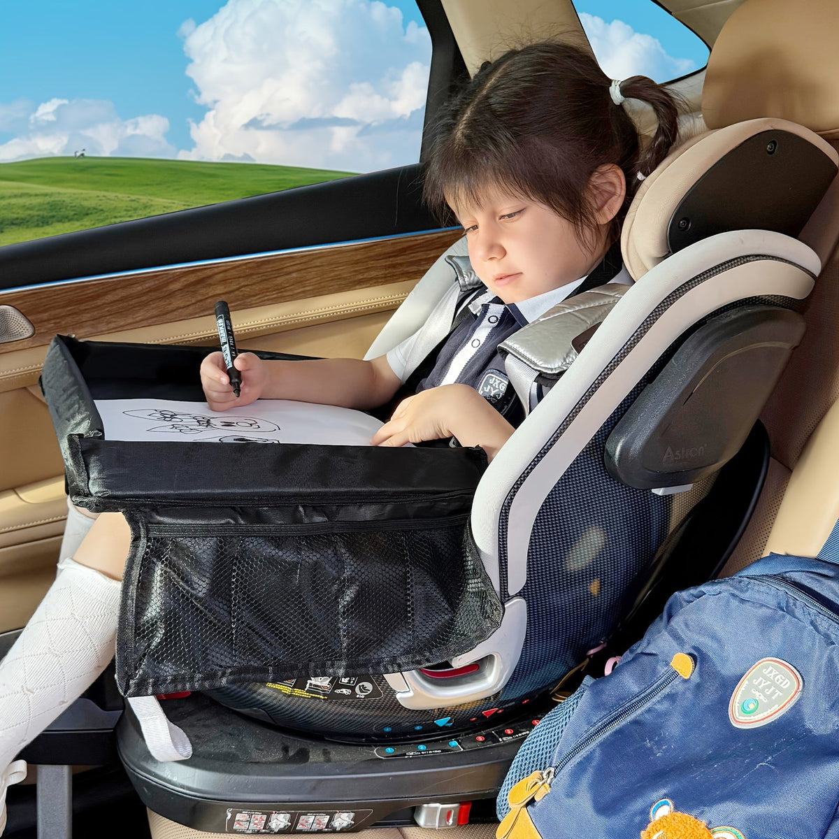 Kids Travel Tray with Raised Edges and Mesh Storage Pockets for Drawing and Small Activities on Car Trips