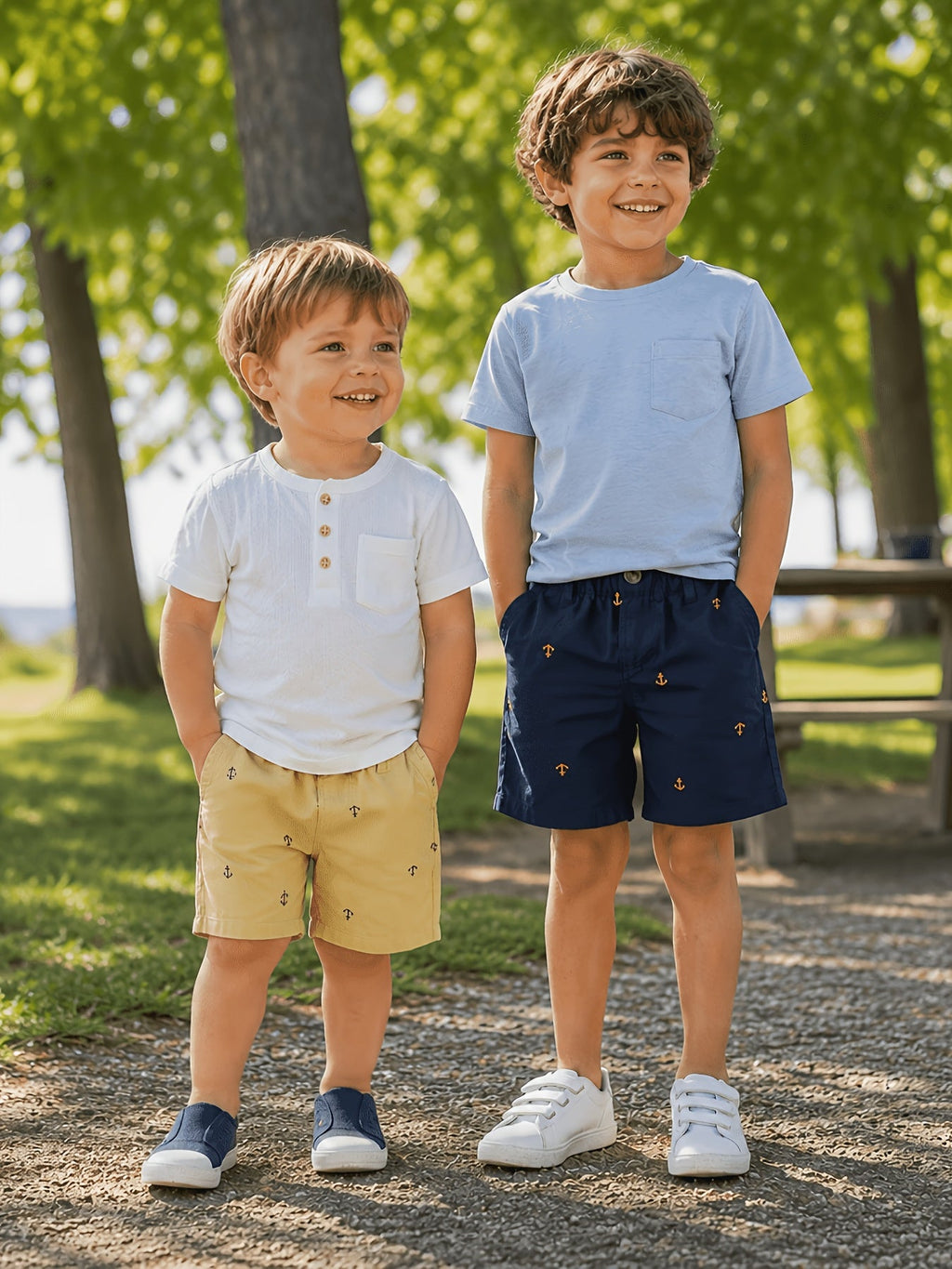 Toddler Boys' Anchor Print Cotton Shorts 2-Pack in Khaki and Navy with Pockets for Summer Outfits