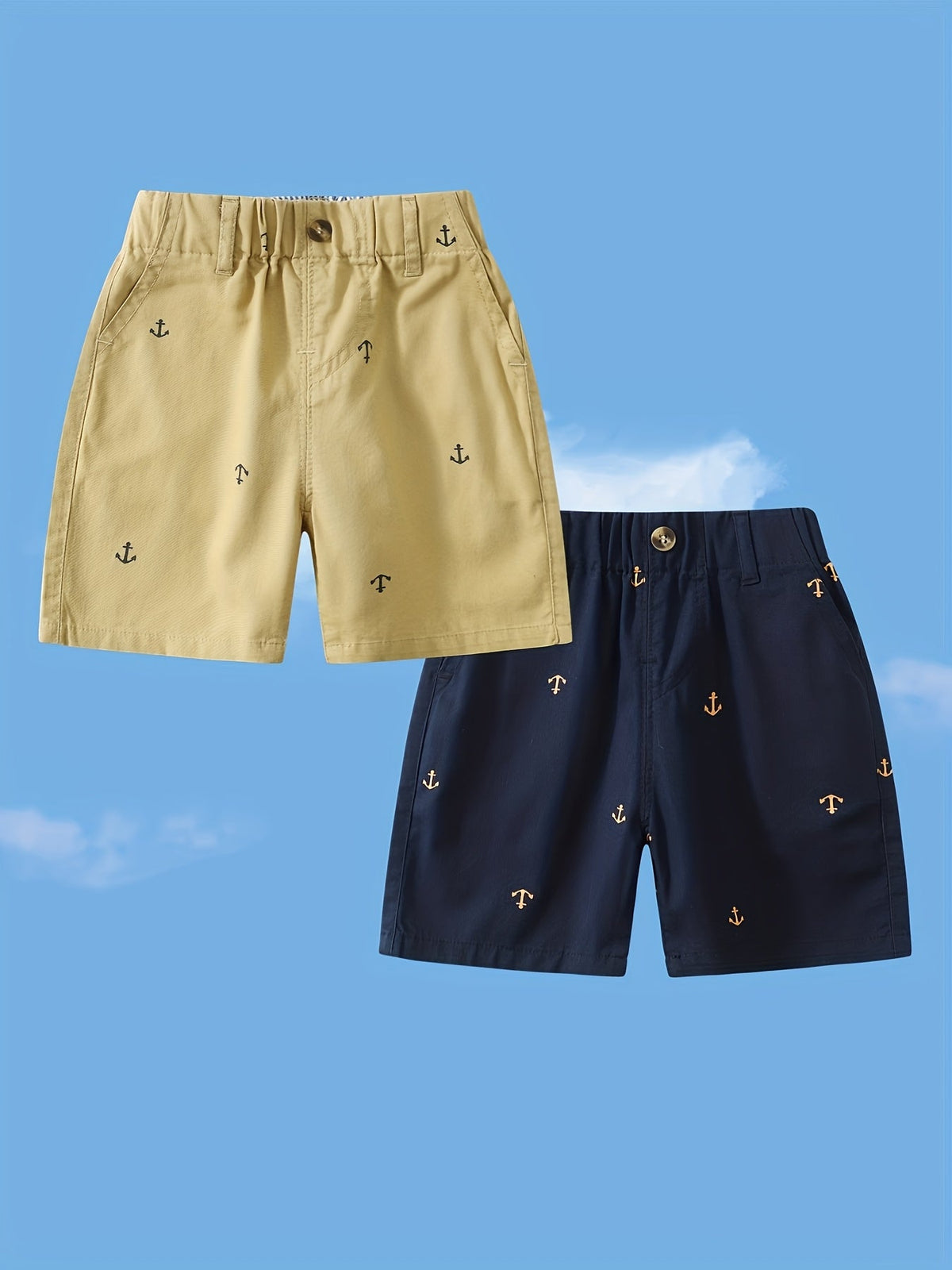 Toddler Boys' Anchor Print Cotton Shorts 2-Pack in Khaki and Navy with Pockets for Summer Outfits