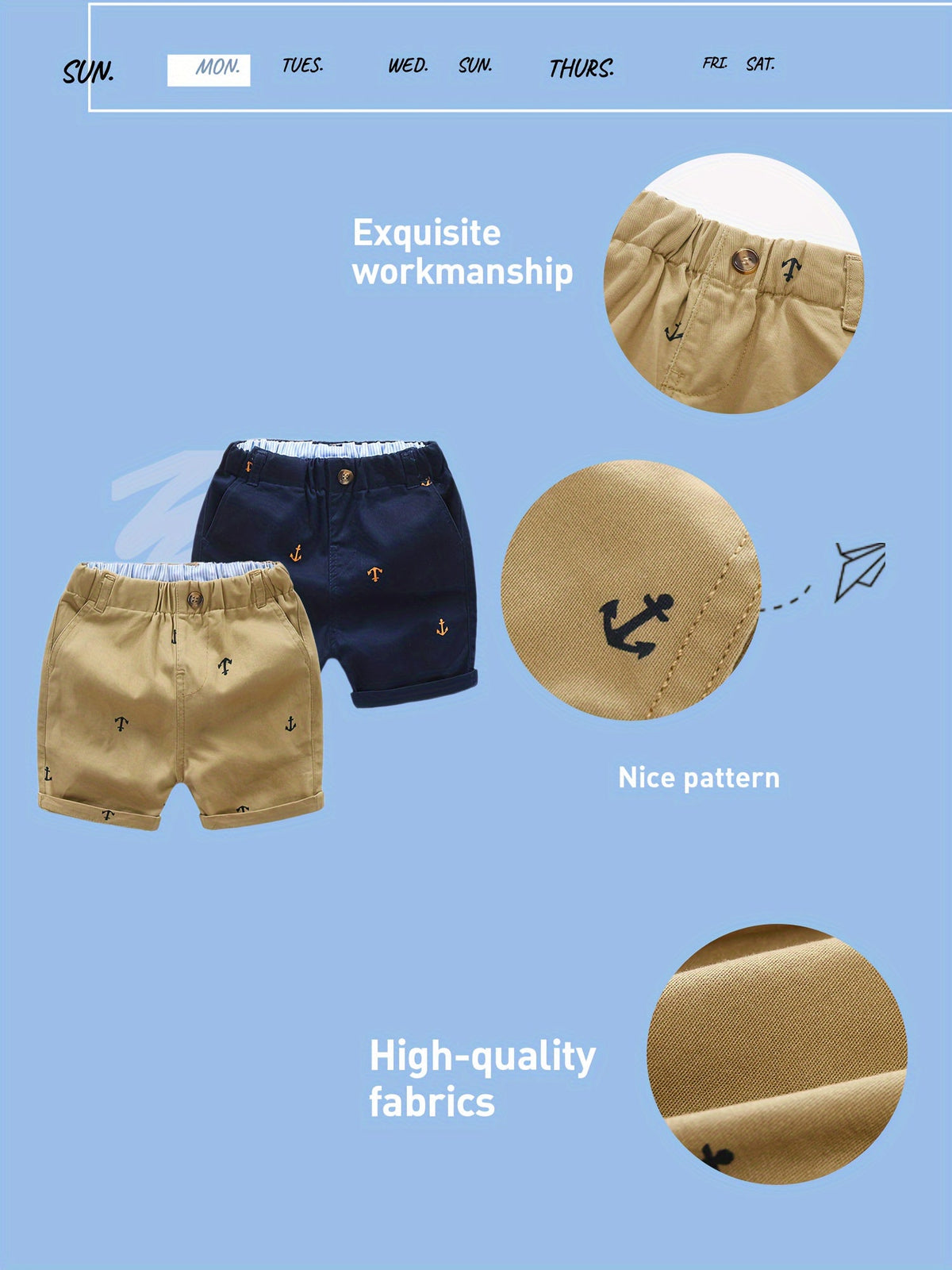Toddler Boys' Anchor Print Cotton Shorts 2-Pack in Khaki and Navy with Pockets for Summer Outfits