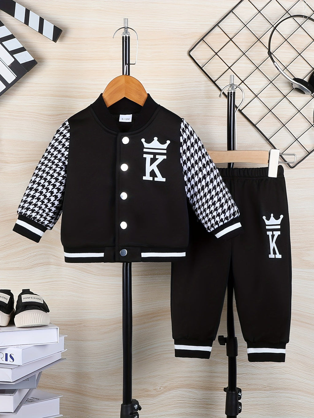Baby Boys' Jacket Pants Set with Crown K Graphics and Houndstooth Sleeves for Coordinated Everyday Outfits